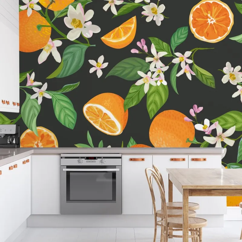 Fototapeta wzór z kwiatami i pomarańczami na ciemnym tle