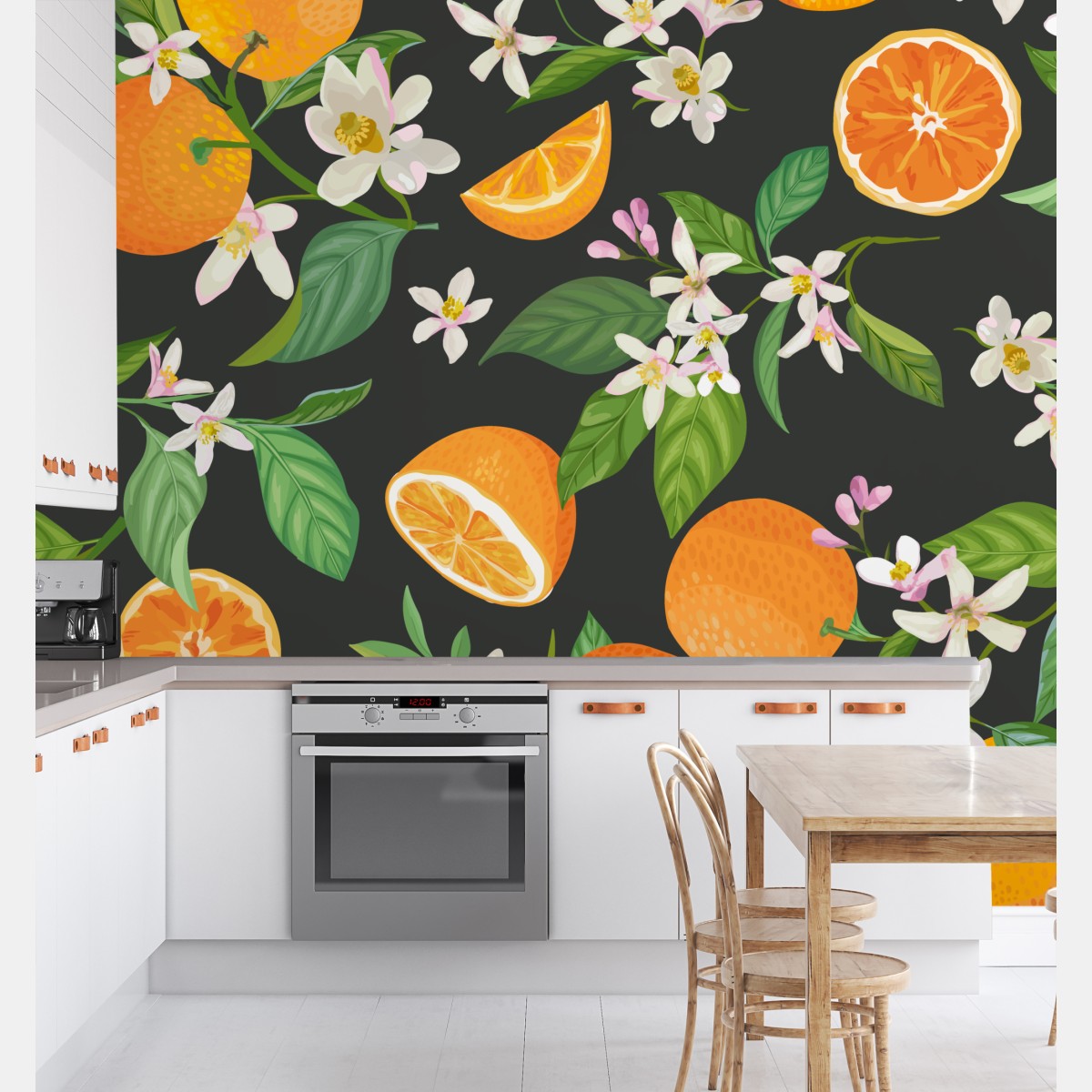 Wall mural orange blossom citrus pattern on dark background