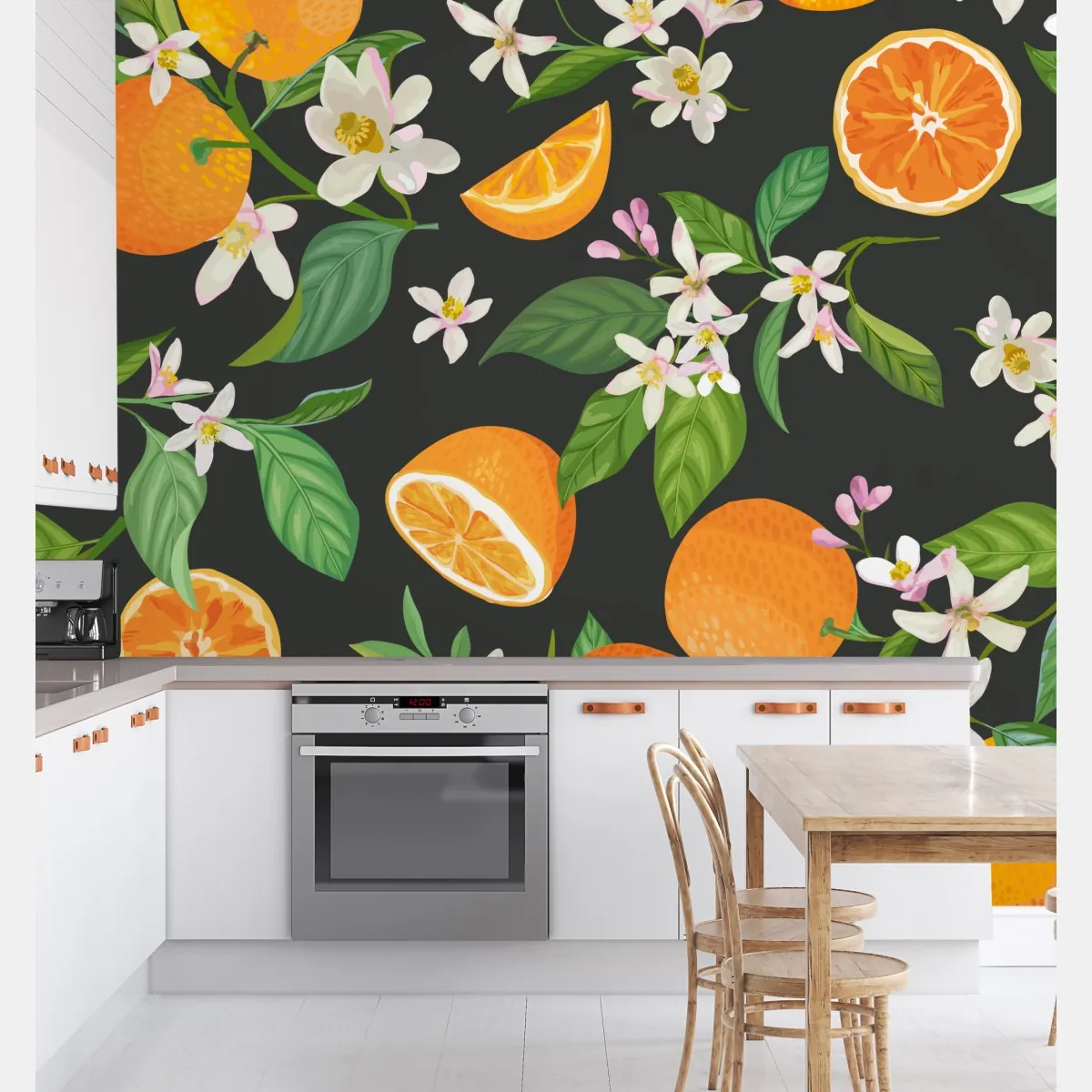 Fototapeta wzór z kwiatami i pomarańczami na ciemnym tle – Wallissimo® Fototapeta wzór z kwiatami i pomarańczami na ciemnym tle – Wallissimo®