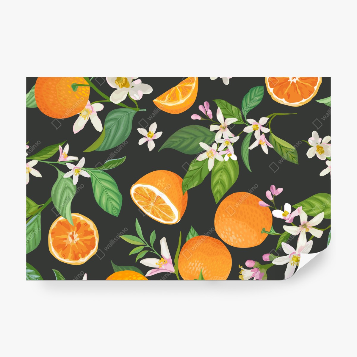 Fototapeta wzór z kwiatami i pomarańczami na ciemnym tle – Wallissimo® Fototapeta wzór z kwiatami i pomarańczami na ciemnym tle – Wallissimo®