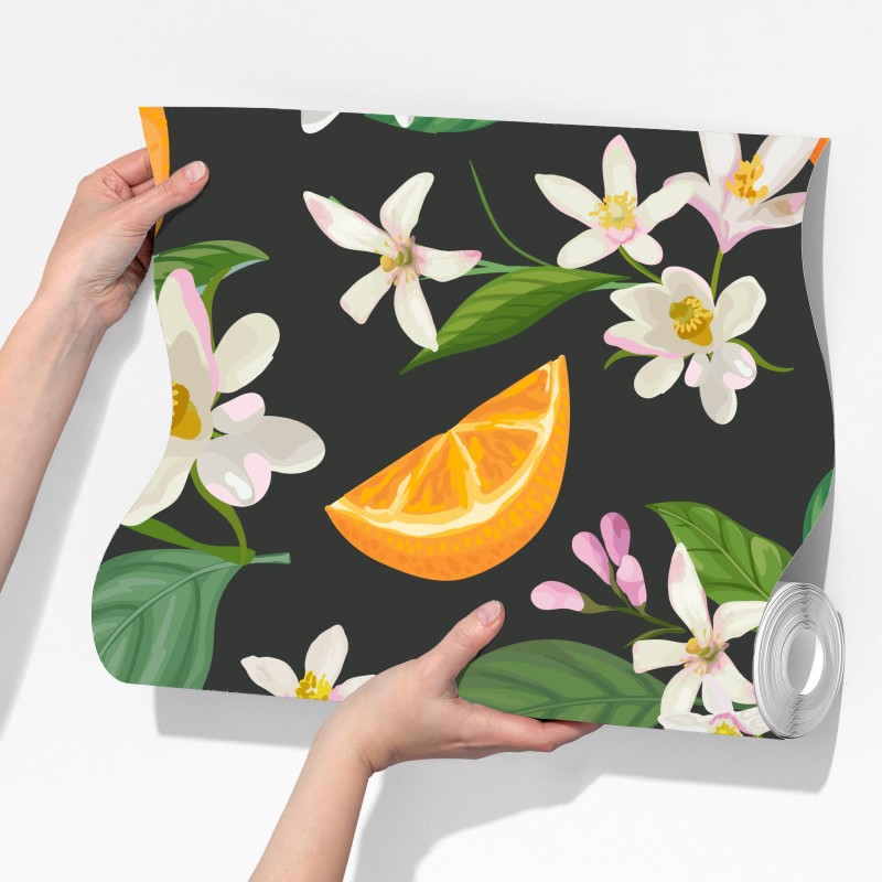 Fototapeta wzór z kwiatami i pomarańczami na ciemnym tle – Wallissimo® Fototapeta wzór z kwiatami i pomarańczami na ciemnym tle – Wallissimo®