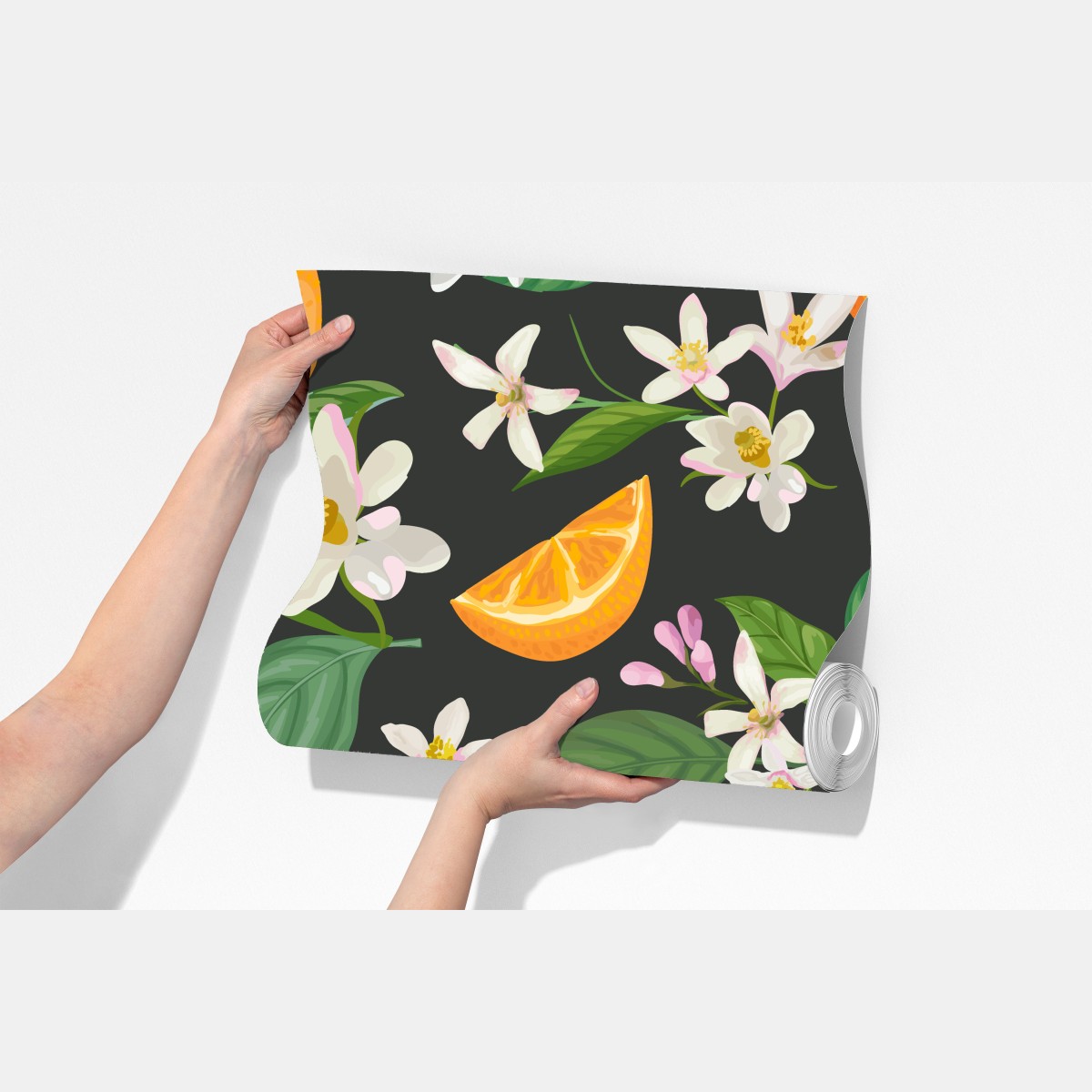 Fototapeta wzór z kwiatami i pomarańczami na ciemnym tle – Wallissimo® Fototapeta wzór z kwiatami i pomarańczami na ciemnym tle – Wallissimo®