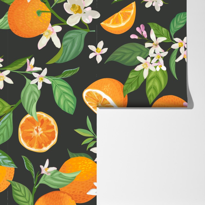 Fototapeta wzór z kwiatami i pomarańczami na ciemnym tle – Wallissimo® Fototapeta wzór z kwiatami i pomarańczami na ciemnym tle – Wallissimo®