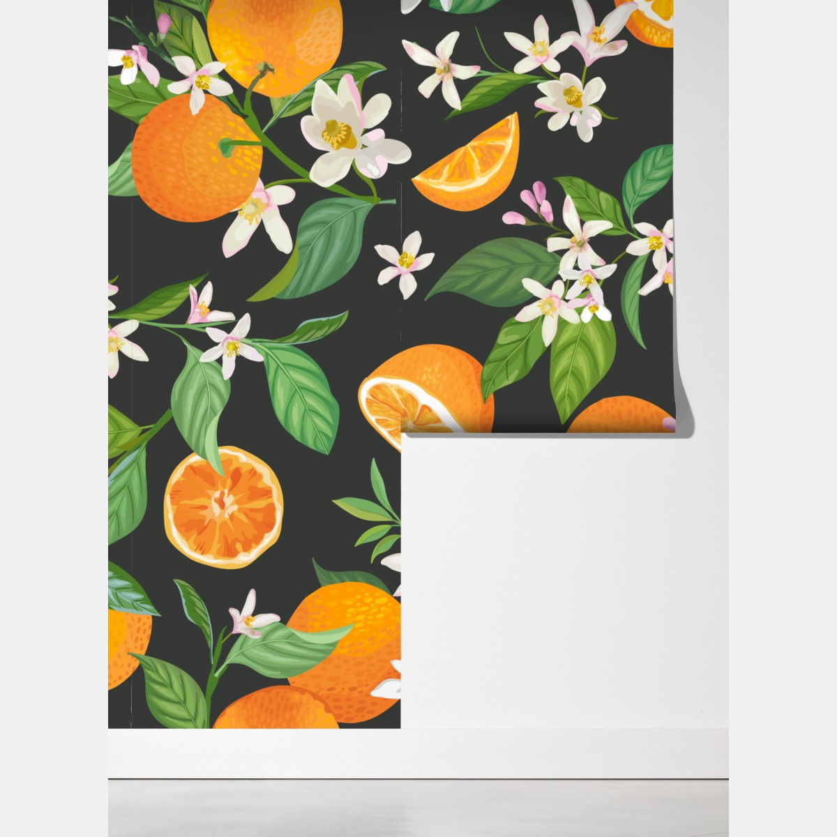 Fototapeta wzór z kwiatami i pomarańczami na ciemnym tle – Wallissimo® Fototapeta wzór z kwiatami i pomarańczami na ciemnym tle – Wallissimo®