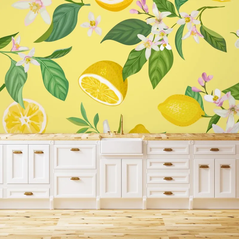 Fototapeta wzór z kwiatami i cytrynami