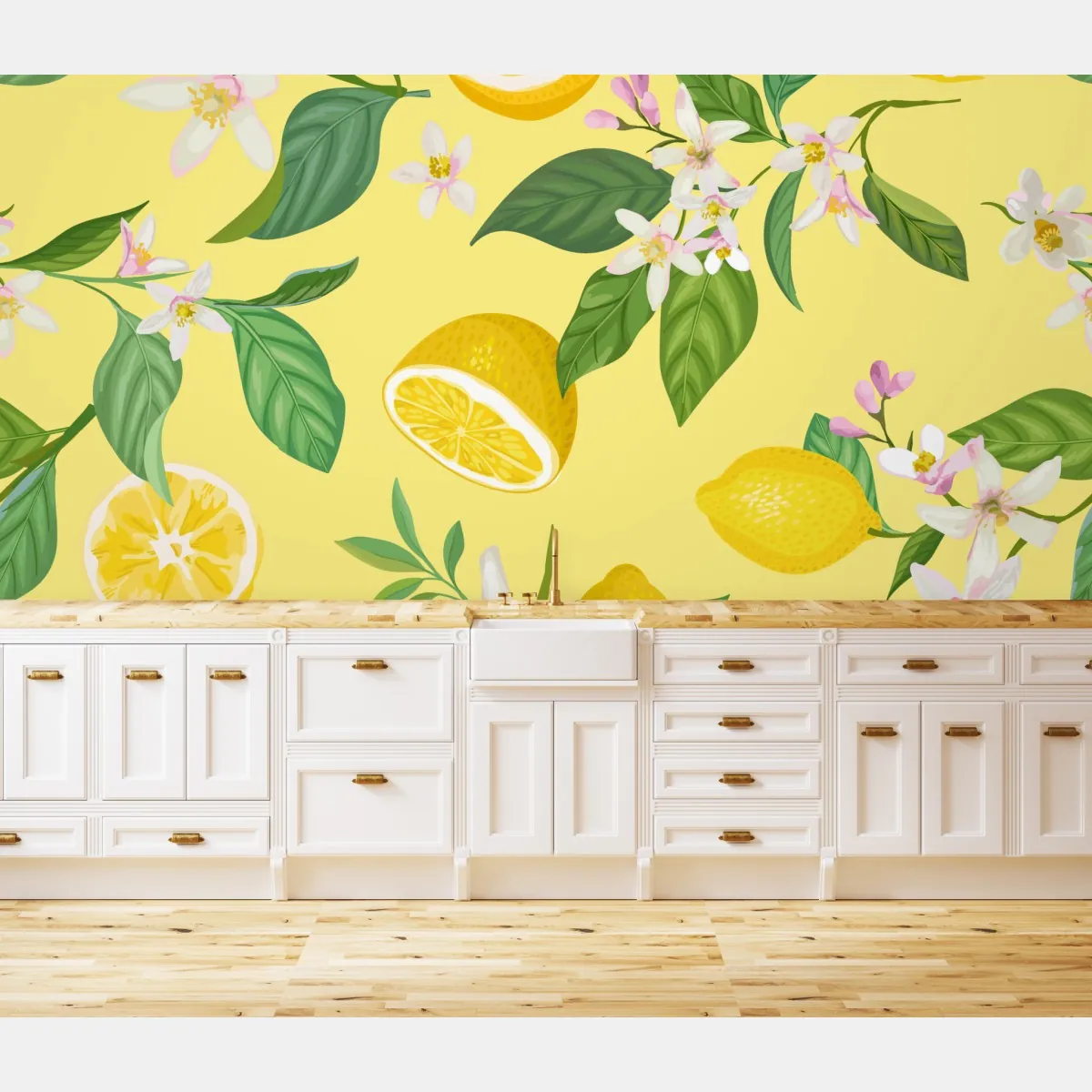 Fototapeta wzór z kwiatami i cytrynami – Wallissimo® Fototapeta wzór z kwiatami i cytrynami – Wallissimo®