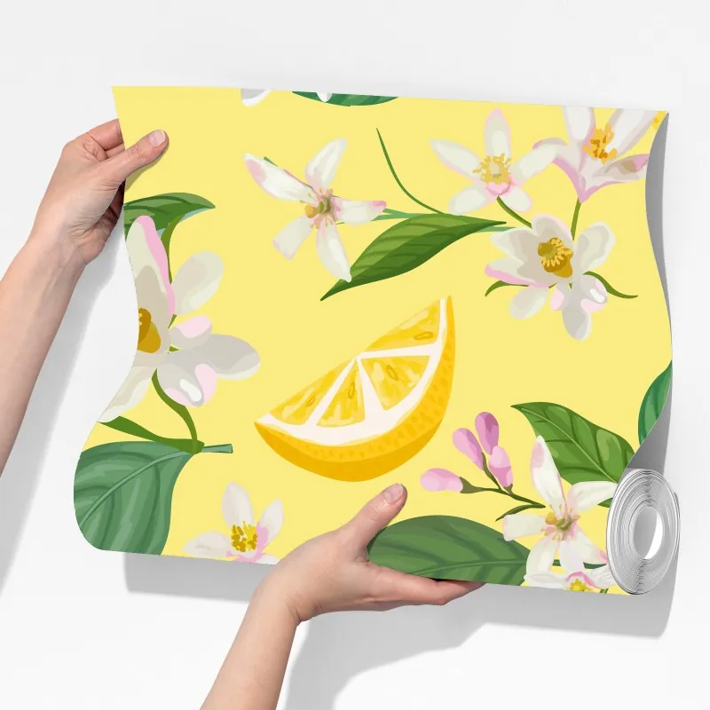 Fototapeta wzór z kwiatami i cytrynami – Wallissimo® Fototapeta wzór z kwiatami i cytrynami – Wallissimo®