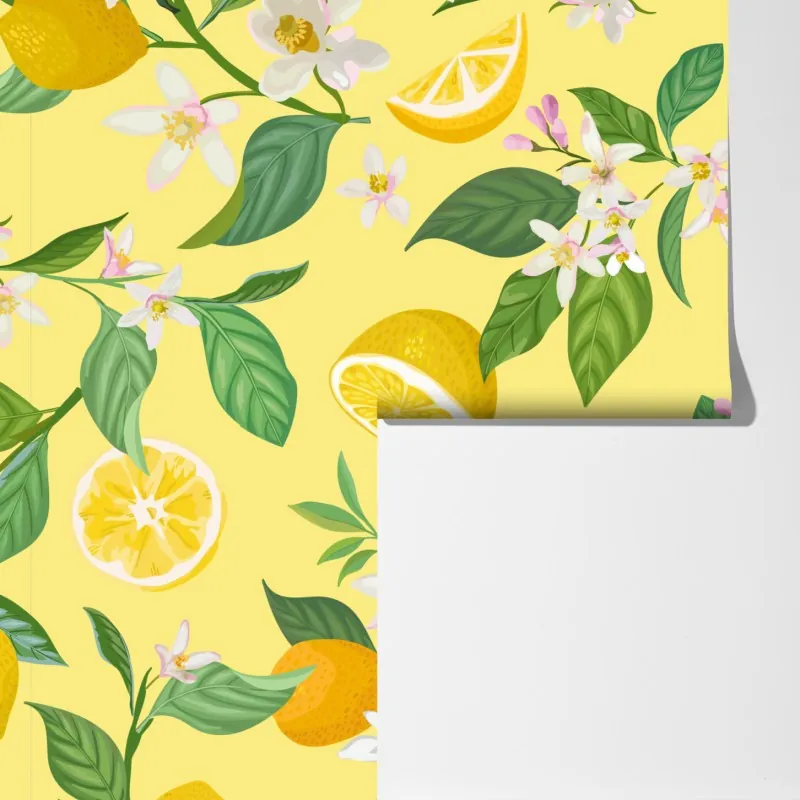 Fototapeta wzór z kwiatami i cytrynami – Wallissimo® Fototapeta wzór z kwiatami i cytrynami – Wallissimo®