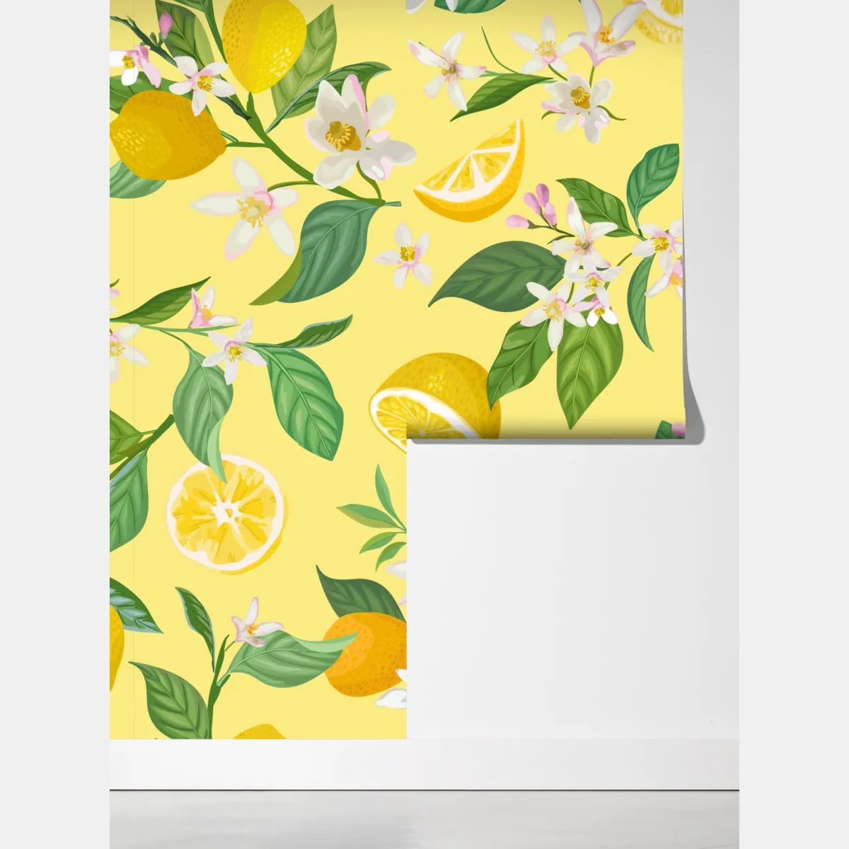 Fototapeta wzór z kwiatami i cytrynami – Wallissimo® Fototapeta wzór z kwiatami i cytrynami – Wallissimo®