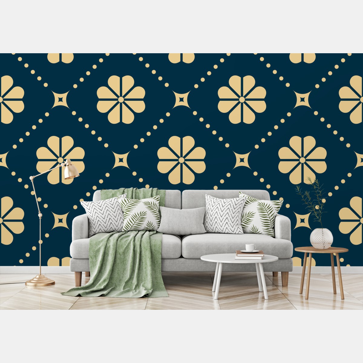 Wall mural teal and beige floral geometric pattern