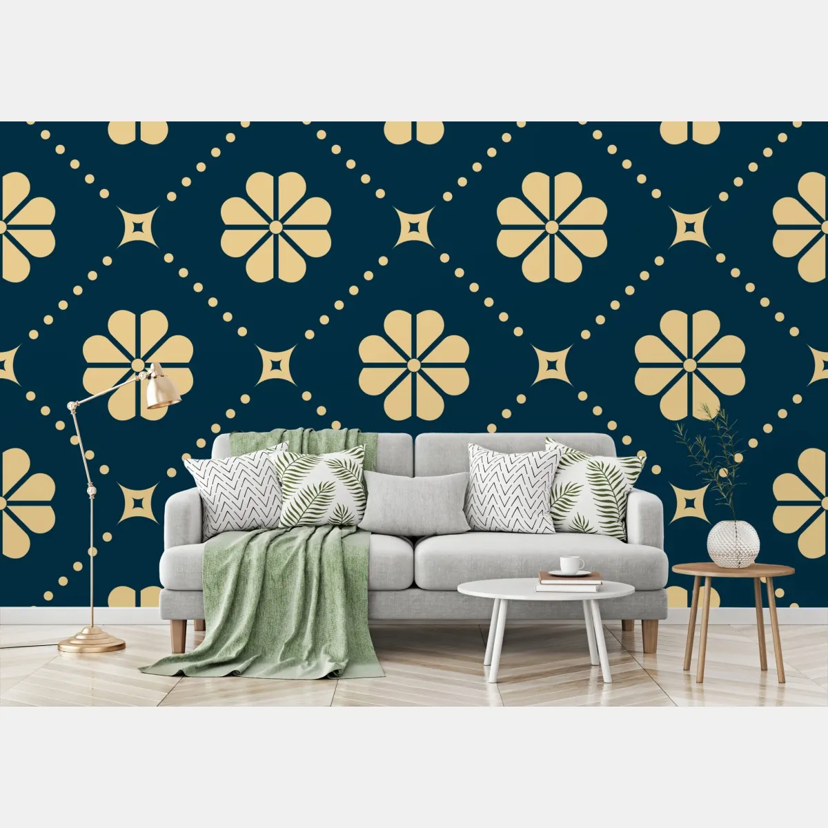 Fototapeta turkusowo beżowy kwiatowy geometryczny wzór – Wallissimo® Fototapeta turkusowo beżowy kwiatowy geometryczny wzór – Wallissimo®