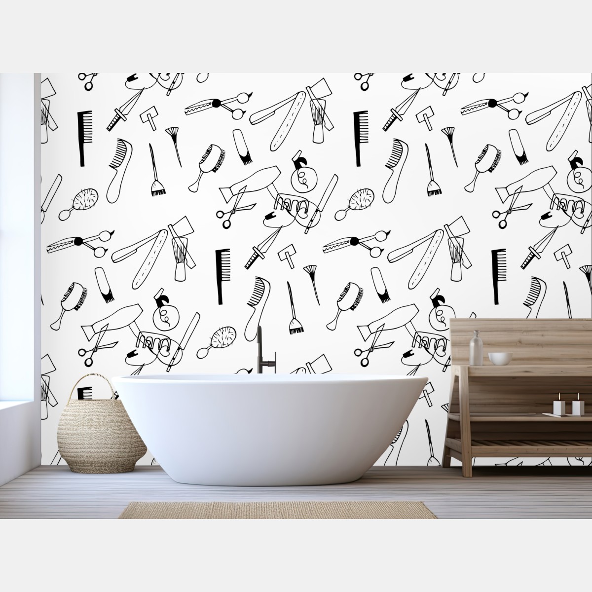Wall mural hand-drawn barber tools pattern