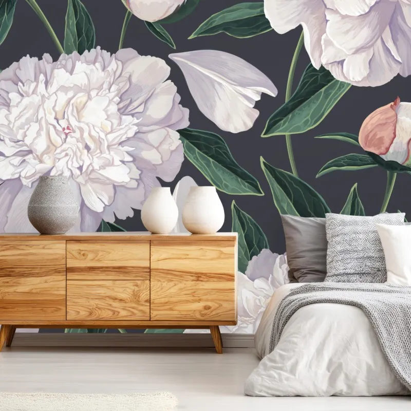 Fototapeta wzór białych piwonii na grafitowym tle