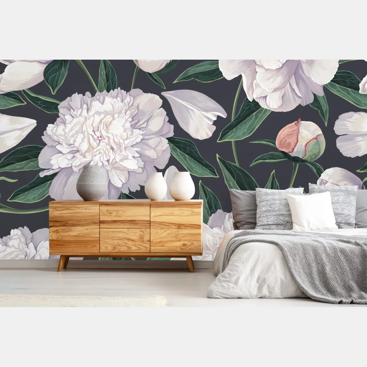 Fototapeta wzór białych piwonii na grafitowym tle – Wallissimo® Fototapeta wzór białych piwonii na grafitowym tle – Wallissimo®