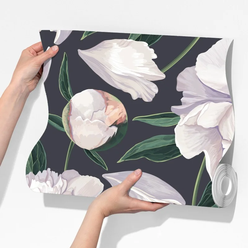 Fototapeta wzór białych piwonii na grafitowym tle – Wallissimo® Fototapeta wzór białych piwonii na grafitowym tle – Wallissimo®