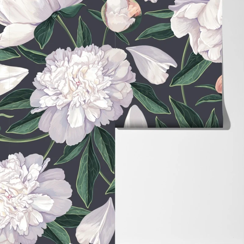 Fototapeta wzór białych piwonii na grafitowym tle – Wallissimo® Fototapeta wzór białych piwonii na grafitowym tle – Wallissimo®