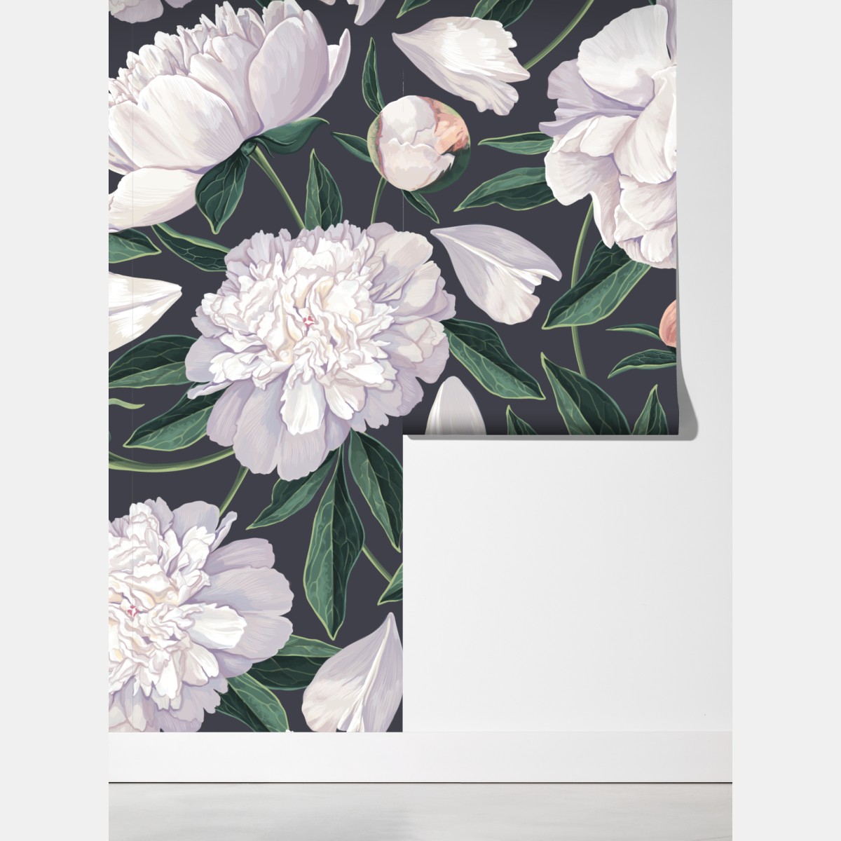 Fototapeta wzór białych piwonii na grafitowym tle – Wallissimo® Fototapeta wzór białych piwonii na grafitowym tle – Wallissimo®