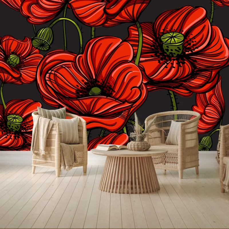 Fototapeta intensywna czerwona ilustracja maków – Wallissimo® Fototapeta intensywna czerwona ilustracja maków – Wallissimo®