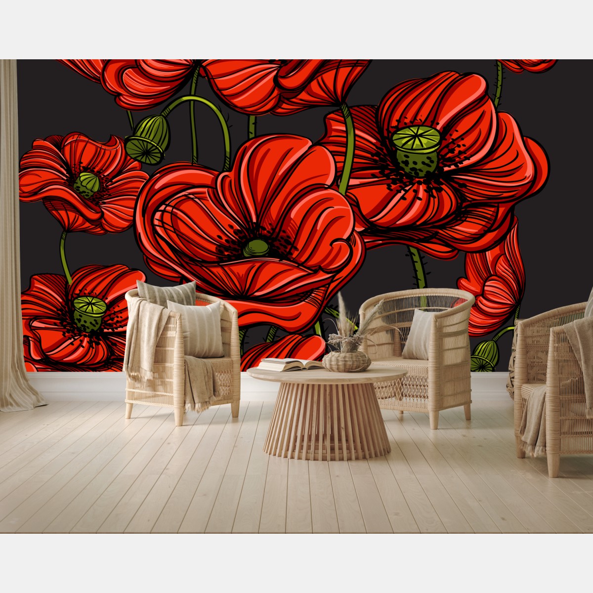 Wall mural vibrant red poppy floral illustration