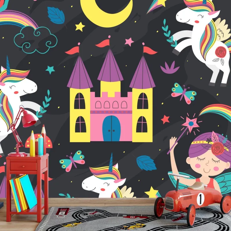 Fototapeta magiczny wzór z jednorożcami i wróżką