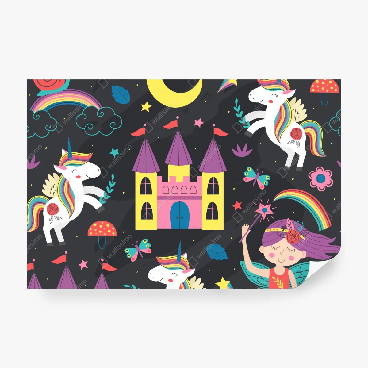 Fototapeta magiczny wzór z jednorożcami i wróżką – Wallissimo® Fototapeta magiczny wzór z jednorożcami i wróżką – Wallissimo®