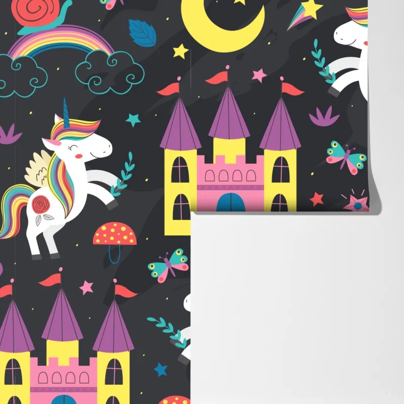 Fototapeta magiczny wzór z jednorożcami i wróżką – Wallissimo® Fototapeta magiczny wzór z jednorożcami i wróżką – Wallissimo®