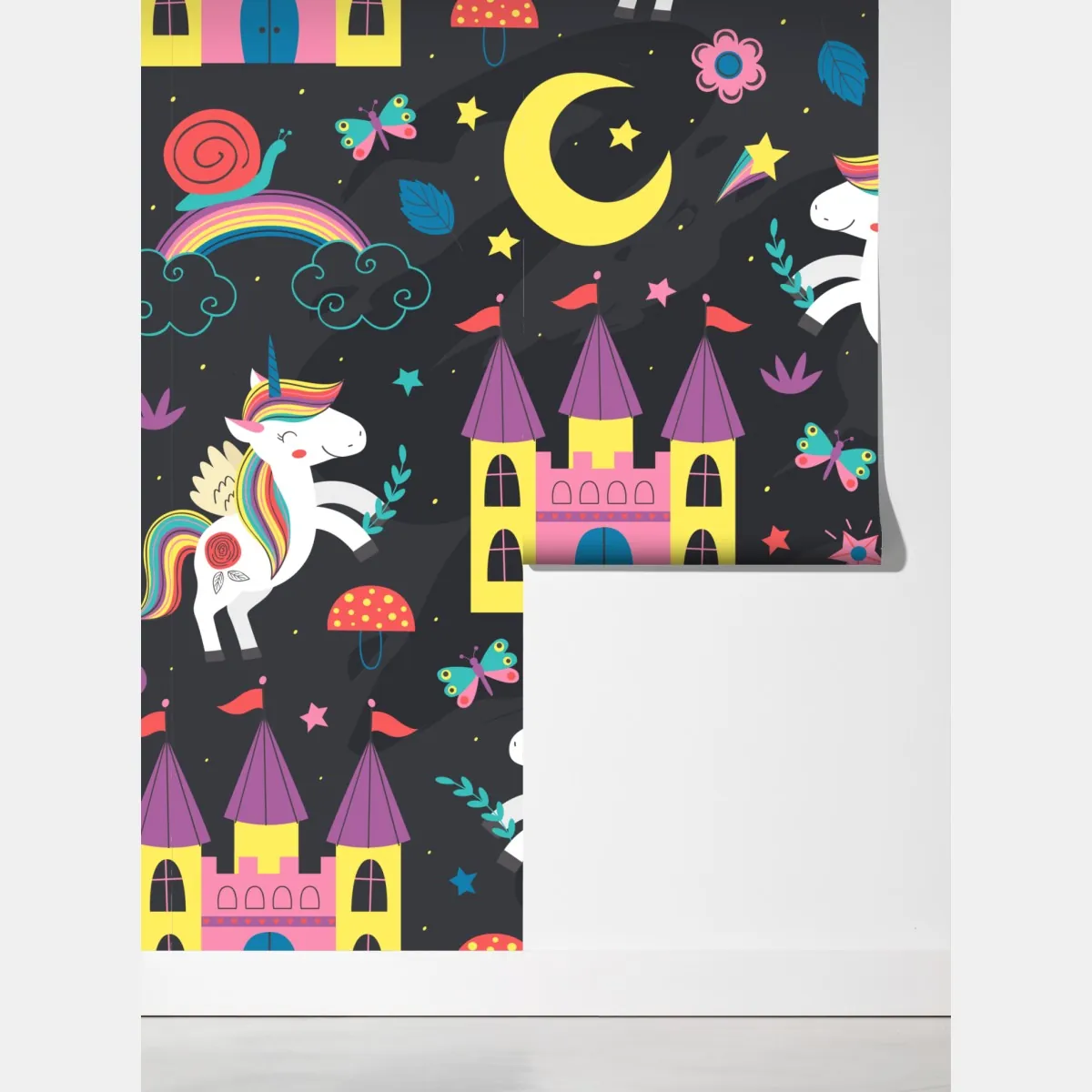 Fototapeta magiczny wzór z jednorożcami i wróżką – Wallissimo® Fototapeta magiczny wzór z jednorożcami i wróżką – Wallissimo®