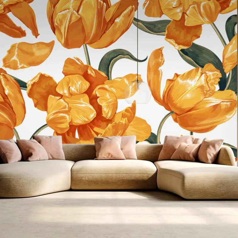 Fototapeta wzór z żywymi pomarańczowymi tulipanami – Wallissimo® Fototapeta wzór z żywymi pomarańczowymi tulipanami – Wallissimo®