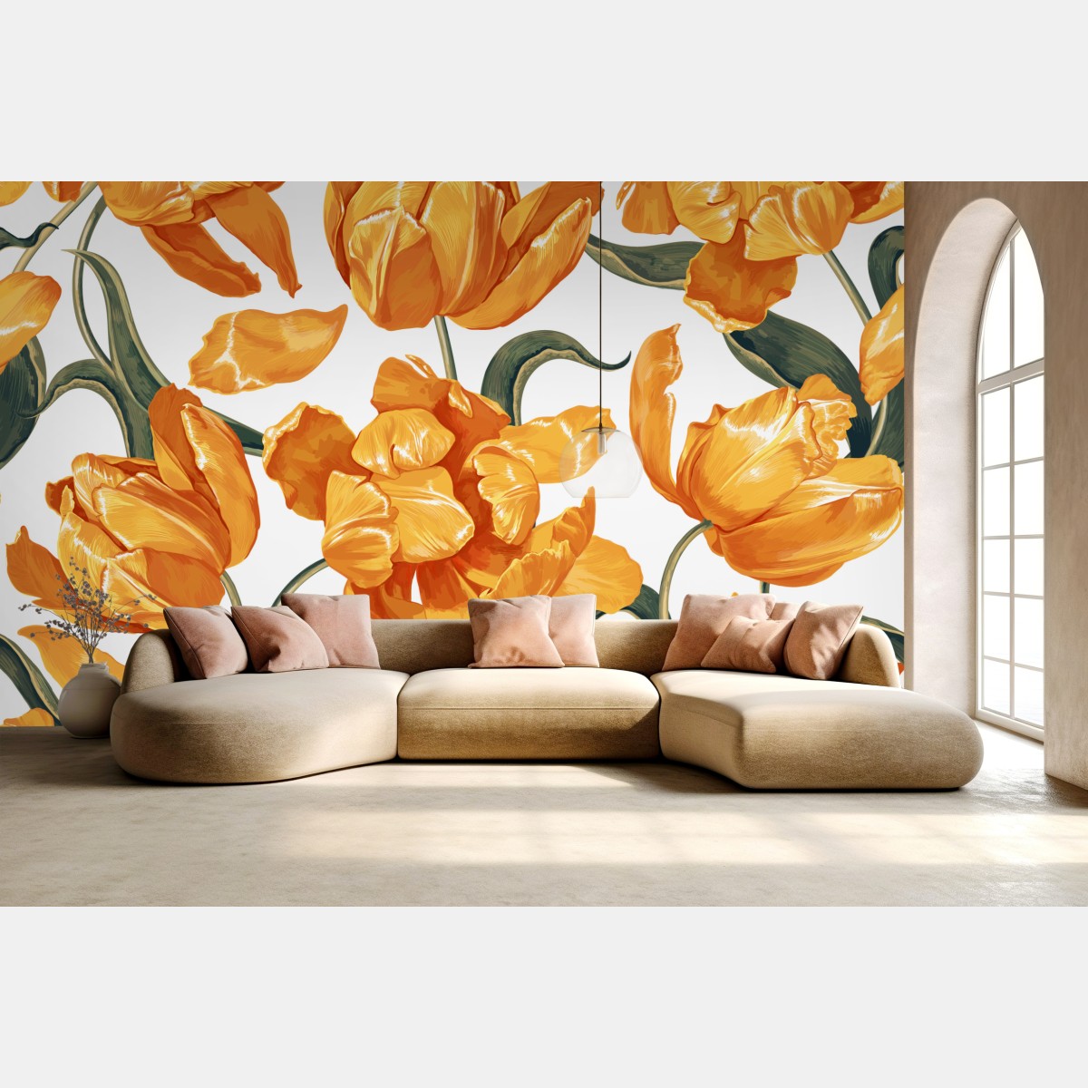 Wall mural vibrant orange tulip pattern