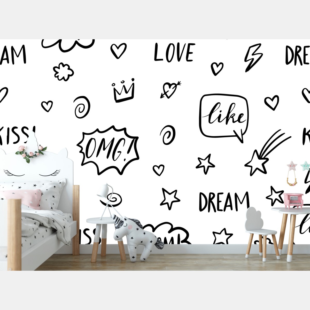 Wall mural playful doodle pattern with hearts and stars