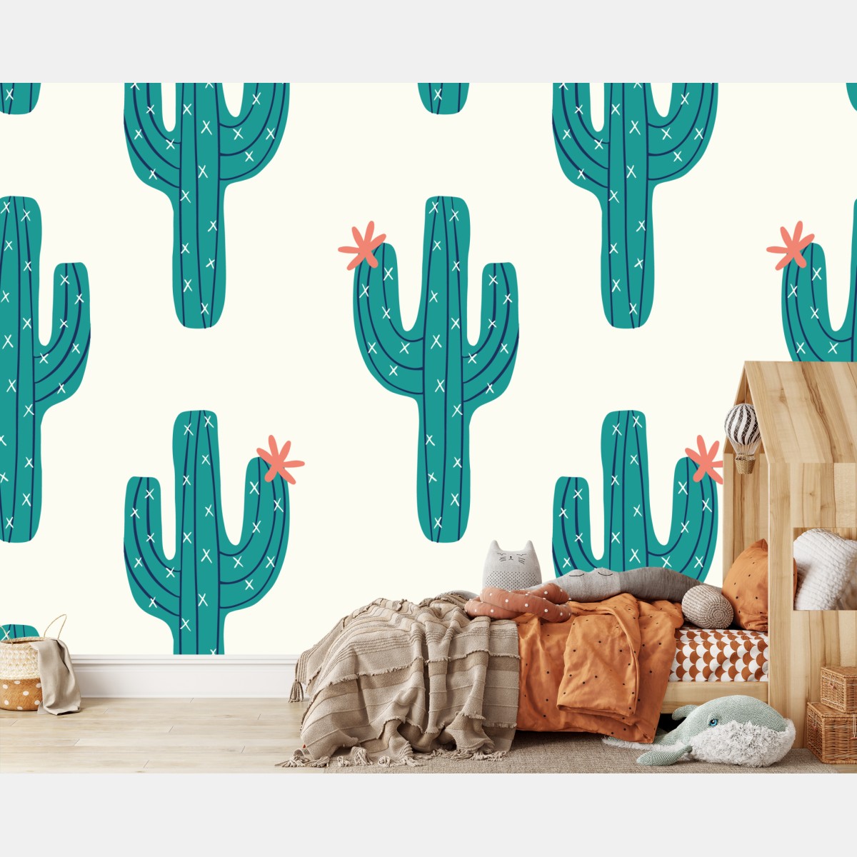 Wall mural playful turquoise cactus pattern