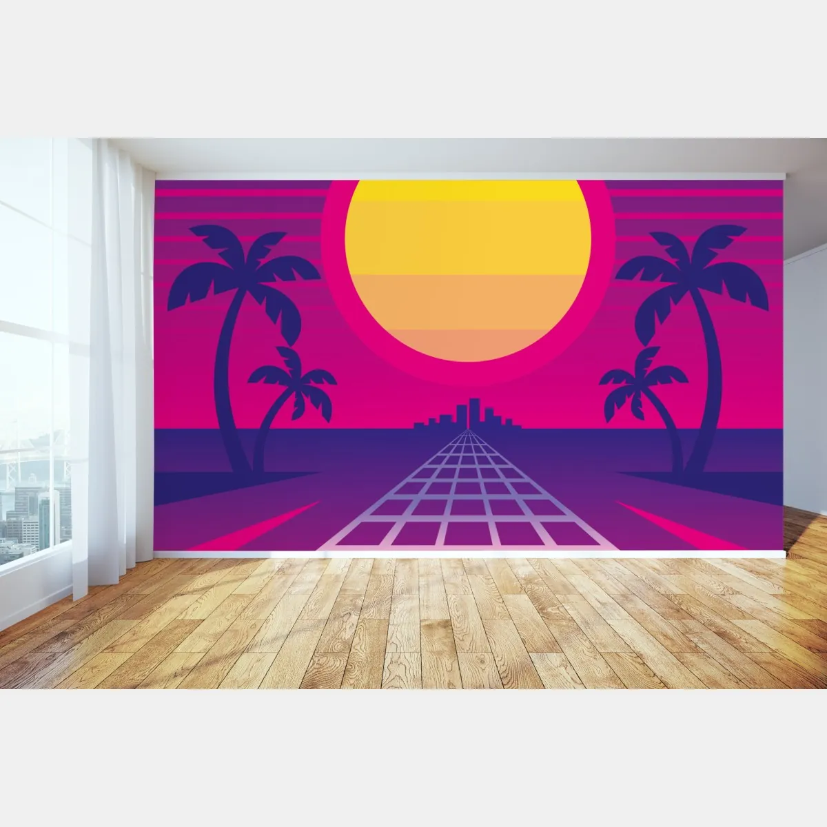 Fototapeta neonowy zachód słońca nad miastem – Wallissimo® Fototapeta neonowy zachód słońca nad miastem – Wallissimo®