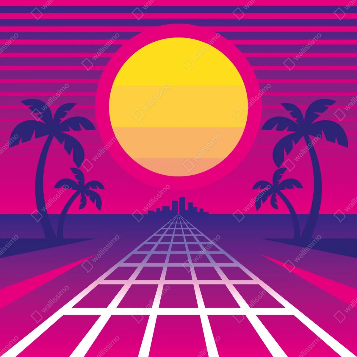 Fototapeta neonowy zachód słońca nad miastem – Wallissimo® Fototapeta neonowy zachód słońca nad miastem – Wallissimo®