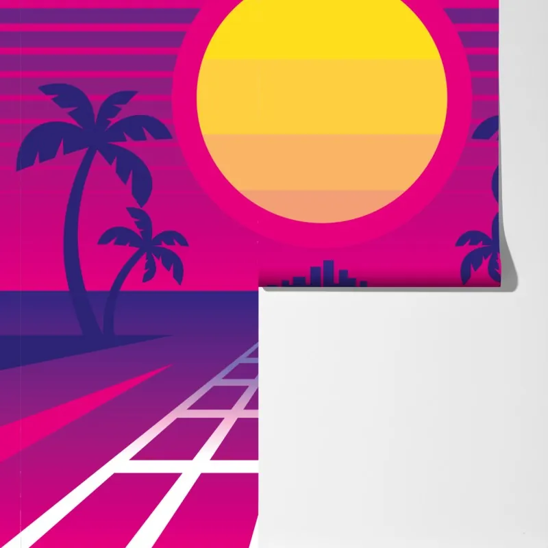 Fototapeta neonowy zachód słońca nad miastem – Wallissimo® Fototapeta neonowy zachód słońca nad miastem – Wallissimo®