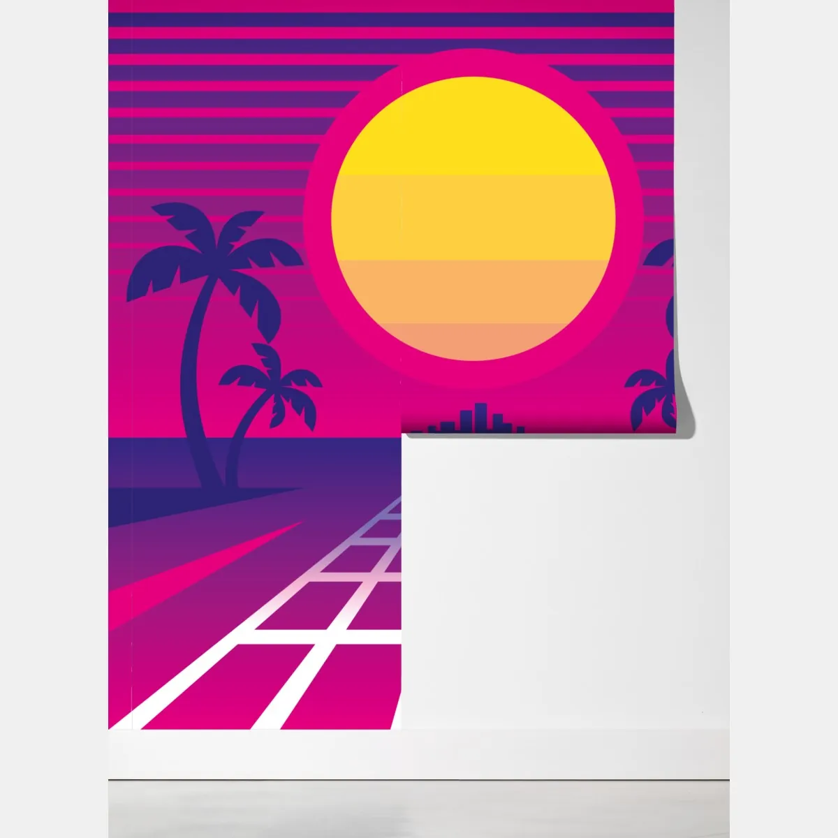 Fototapeta neonowy zachód słońca nad miastem – Wallissimo® Fototapeta neonowy zachód słońca nad miastem – Wallissimo®