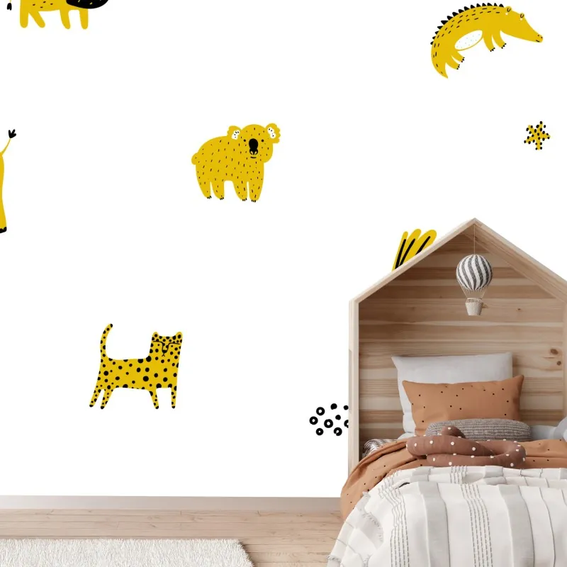 Fototapeta zabawny żółty wzór z dzikimi zwierzętami