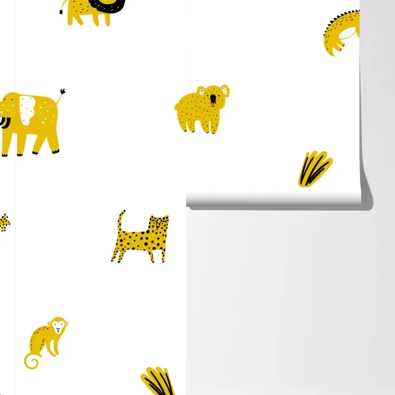 Fototapeta zabawny żółty wzór z dzikimi zwierzętami – Wallissimo® Fototapeta zabawny żółty wzór z dzikimi zwierzętami – Wallissimo®
