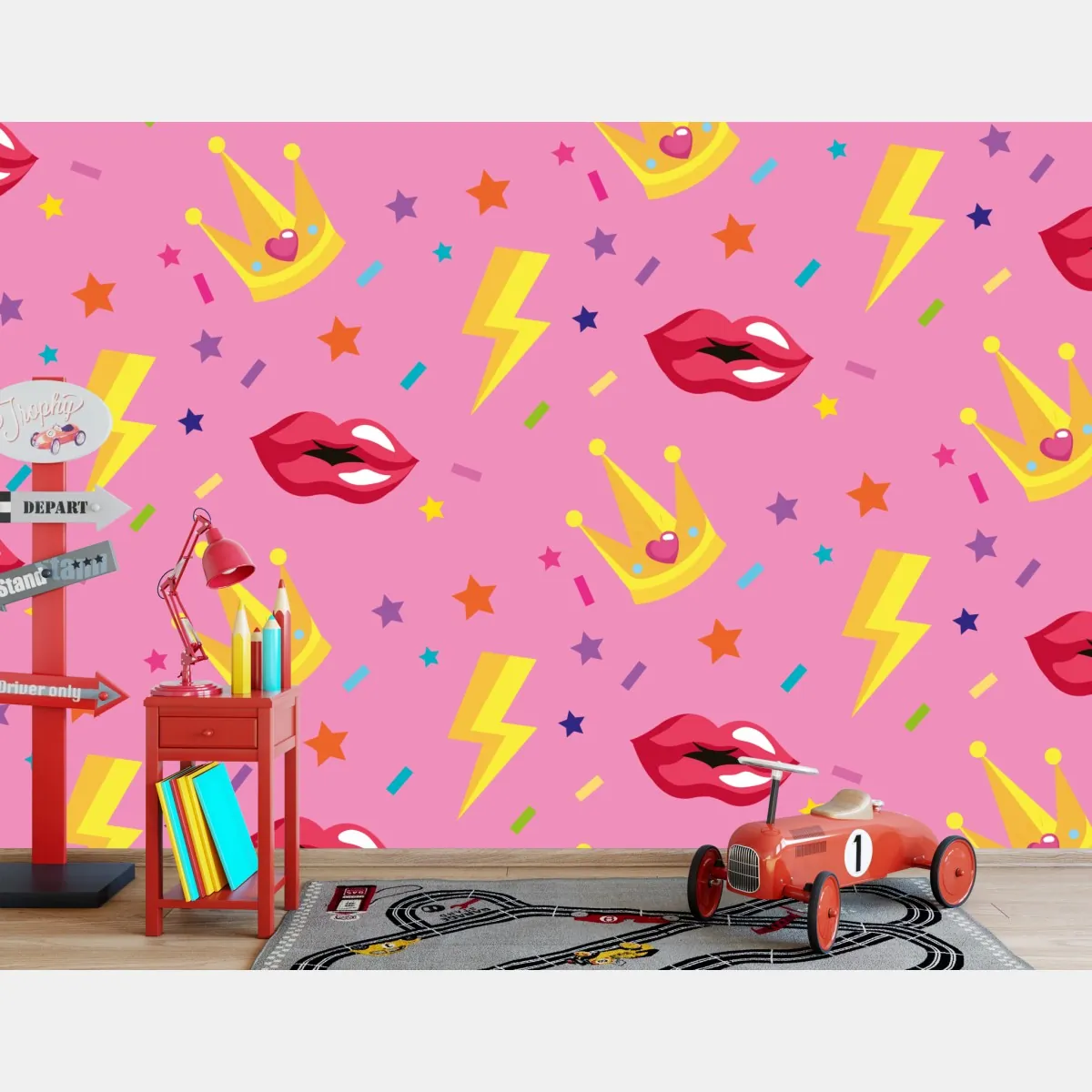 Fototapeta zabawny wzór księżniczki z koronami i ustami – Wallissimo® Fototapeta zabawny wzór księżniczki z koronami i ustami – Wallissimo®