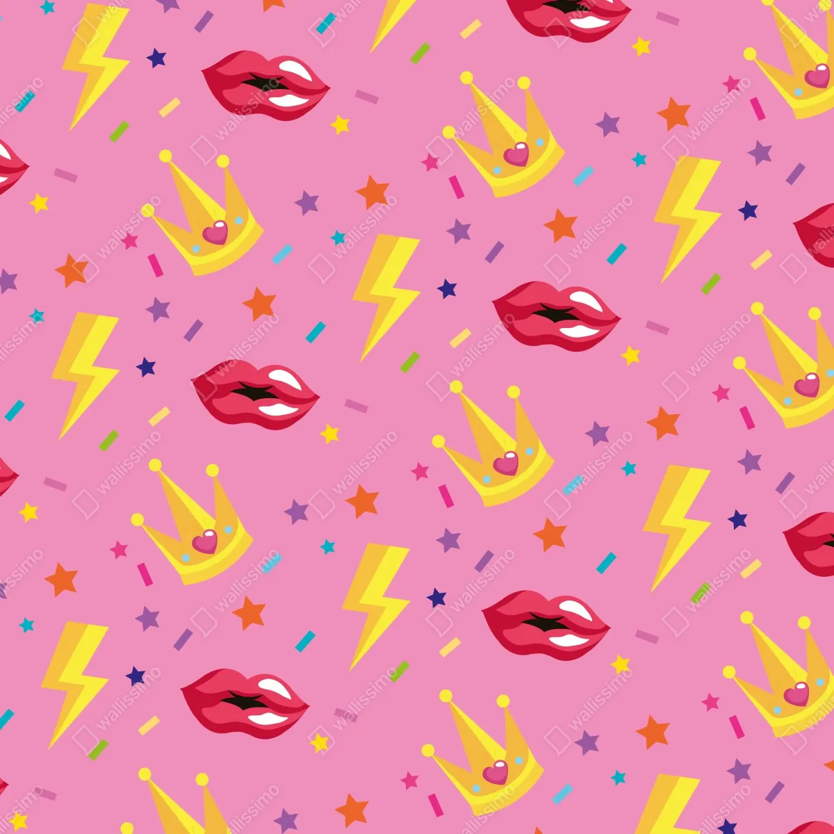 Fototapeta zabawny wzór księżniczki z koronami i ustami – Wallissimo® Fototapeta zabawny wzór księżniczki z koronami i ustami – Wallissimo®