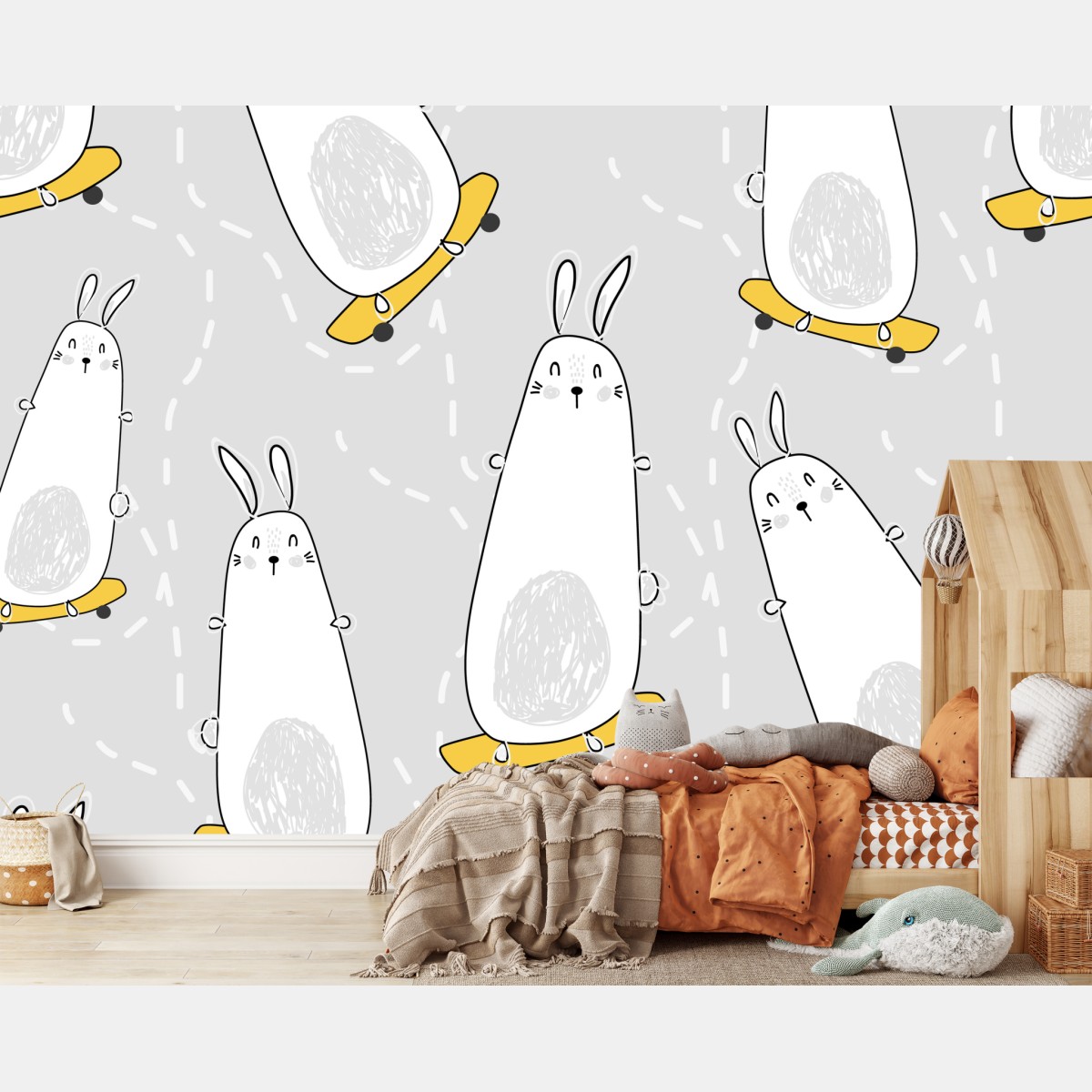 Wall mural playful skateboarding bunnies pattern