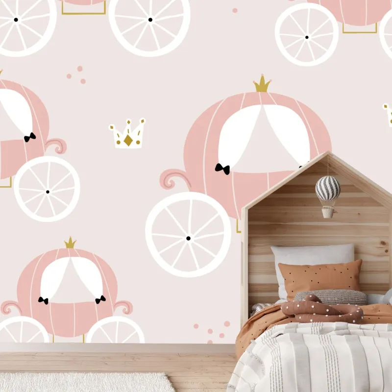 Fototapeta różowy wzór z karetą księżniczki