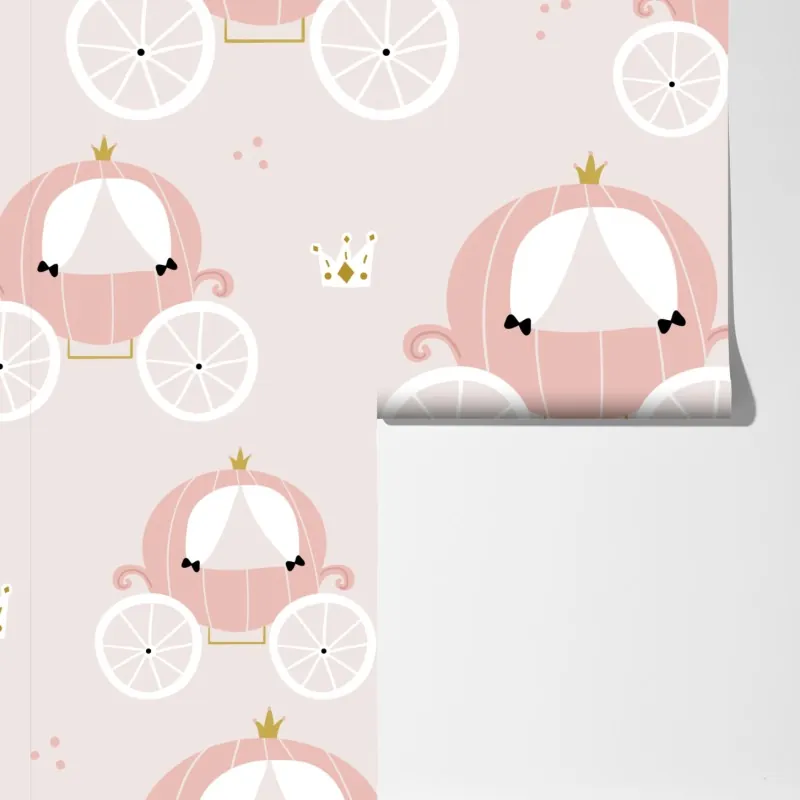 Fototapeta różowy wzór z karetą księżniczki – Wallissimo® Fototapeta różowy wzór z karetą księżniczki – Wallissimo®