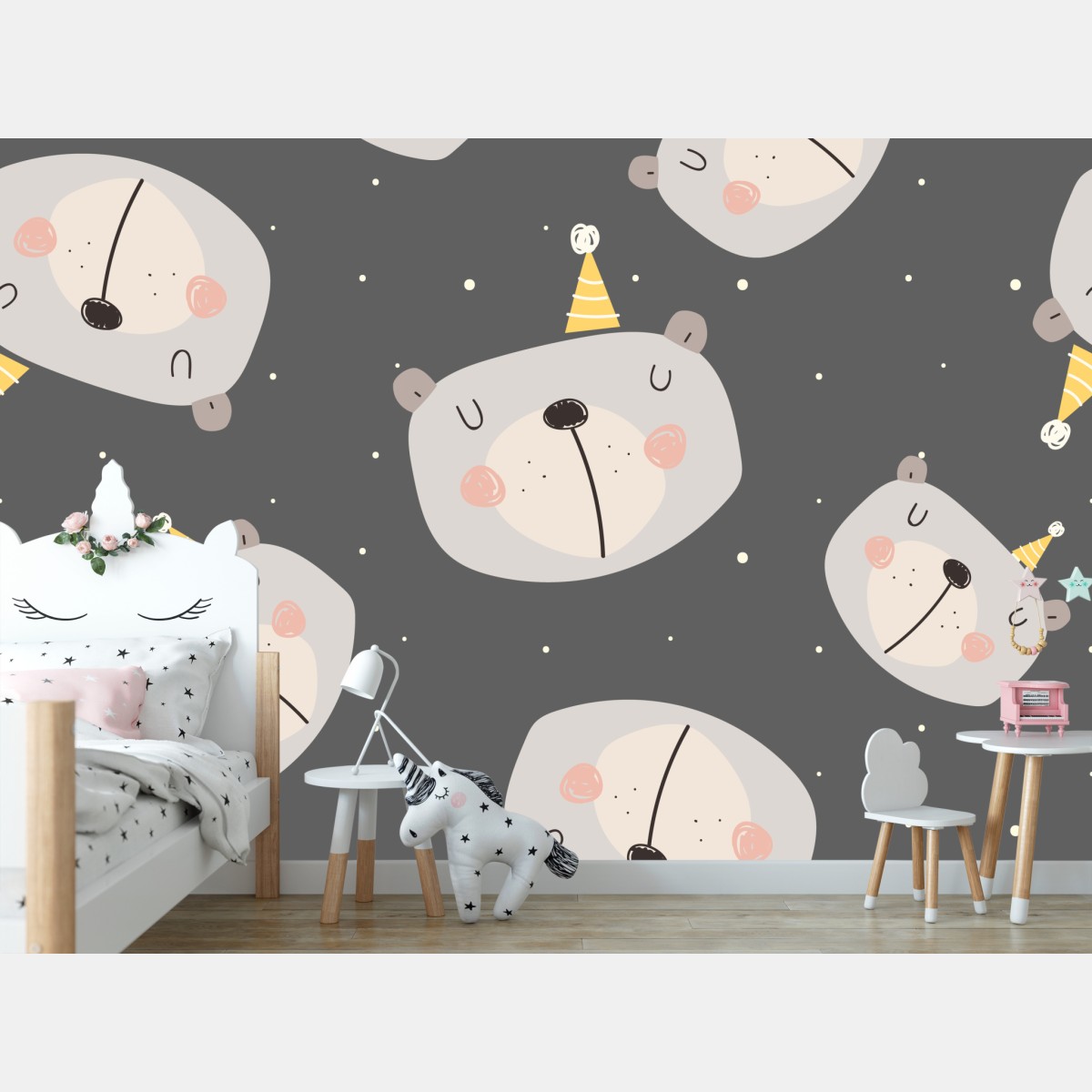 Wall mural pastel sleeping bears nursery pattern