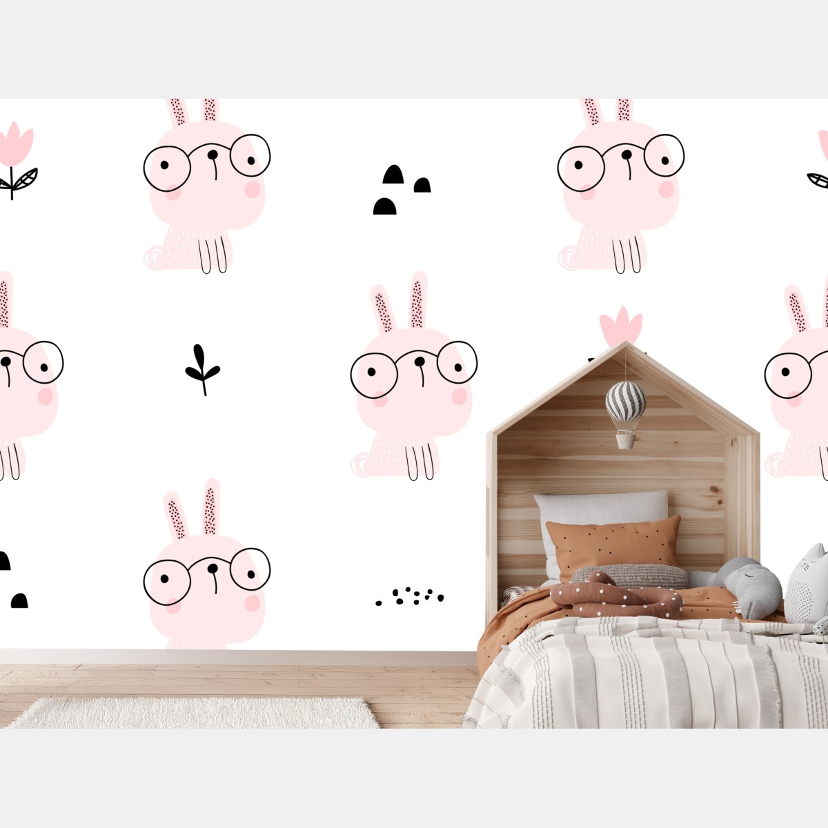 Wall mural playful pink bunny pattern for nursery