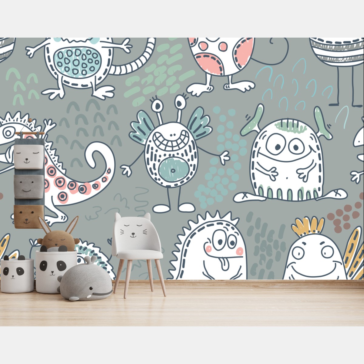 Wall mural playful pastel monster pattern