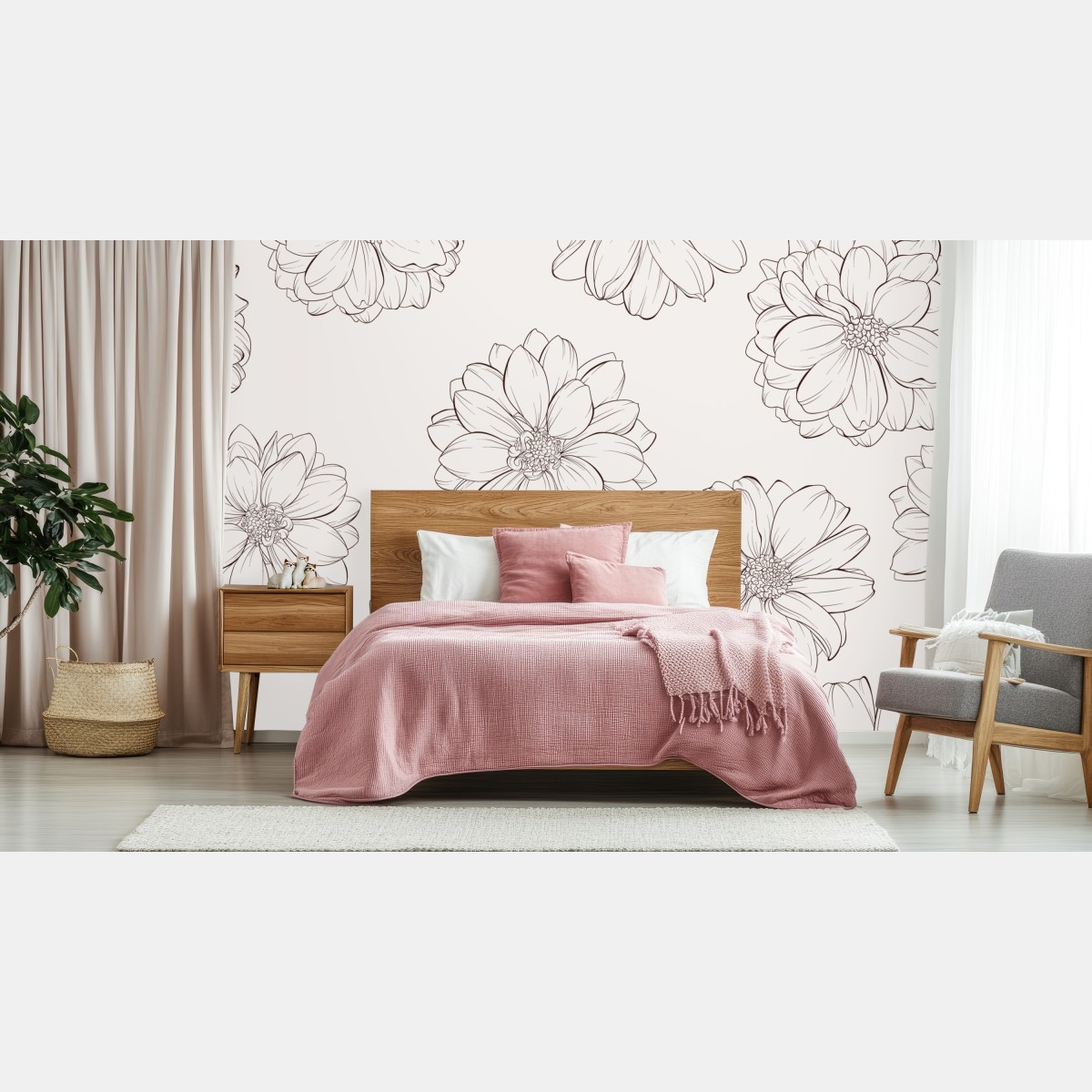 Wall mural delicate line flower pattern on beige