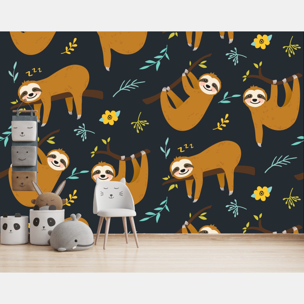 Wall mural cute sleepy sloth pattern for kids room