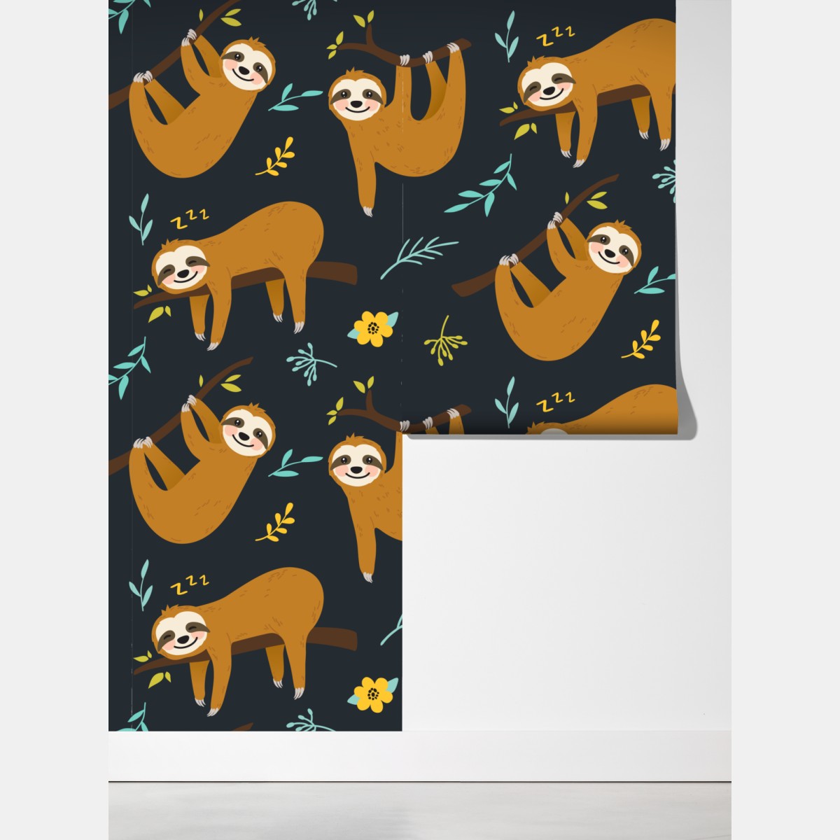 Fototapeta słodki wzór z leniwcami do pokoju dziecka – Wallissimo® Fototapeta słodki wzór z leniwcami do pokoju dziecka – Wallissimo®