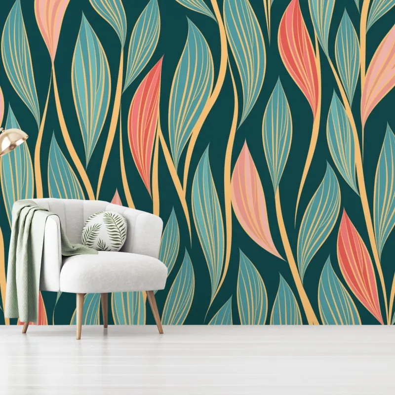 Fototapeta botaniczny wzór liści w turkusie i koralu – Wallissimo® Fototapeta botaniczny wzór liści w turkusie i koralu – Wallissimo®