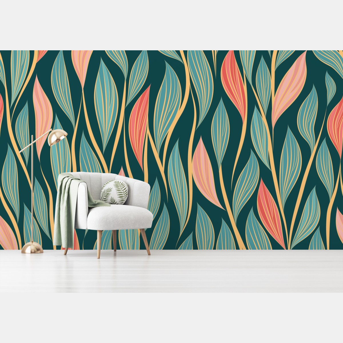 Wall mural botanical leaf pattern in teal and coral